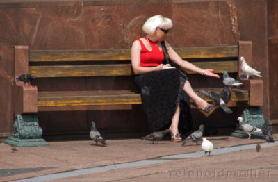 Dame füttert Tauben